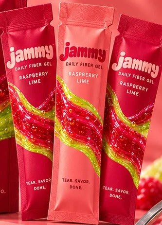 Three Jammy raspberry lime fiber gel pouches