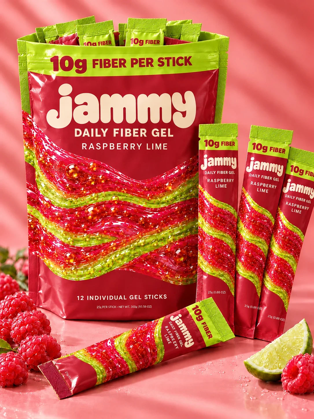 Jammy's red resealable 12-stick bag and raspberry lime gel sticks with cream logos, solid lime-green tops, 10g fiber and small cream serving-size lettering